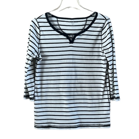 Eddie Bauer Split Neck Three-quarter Sleeves White Black Stripes T-shirt Size XL - Picture 1 of 14
